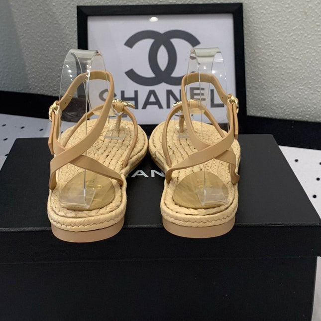 Double CC Vintage straw sandals replica designer shoe Tan sheepskin