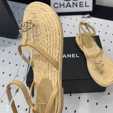 Double CC Vintage straw sandals replica designer shoe Tan sheepskin