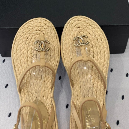Double CC Vintage straw sandals replica designer shoe Tan sheepskin
