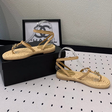 Double CC Vintage straw sandals replica designer shoe Tan sheepskin