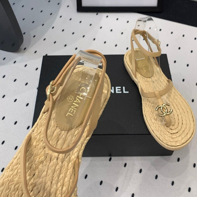 Double CC Vintage straw sandals replica designer shoe Tan sheepskin