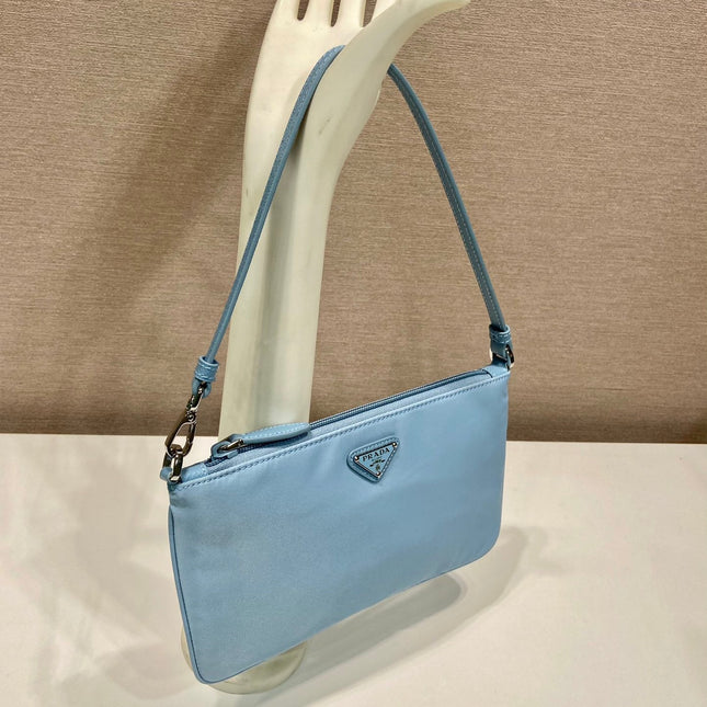 SHOULDER BAG 24 WITH TRIANGLE LOGO IN SKY BLUE RE-NYLON FABRIC