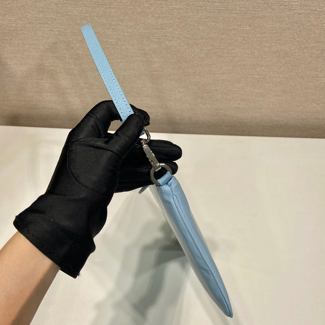 SHOULDER BAG 24 WITH TRIANGLE LOGO IN SKY BLUE RE-NYLON FABRIC