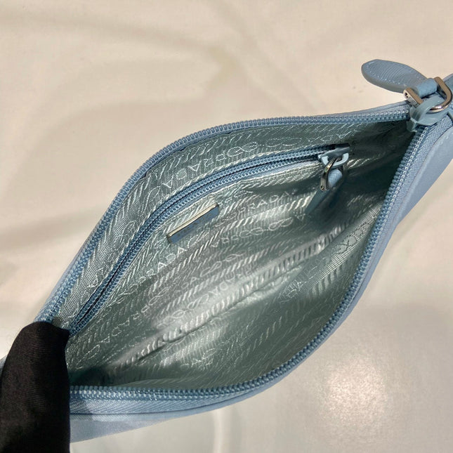 SHOULDER BAG 24 WITH TRIANGLE LOGO IN SKY BLUE RE-NYLON FABRIC