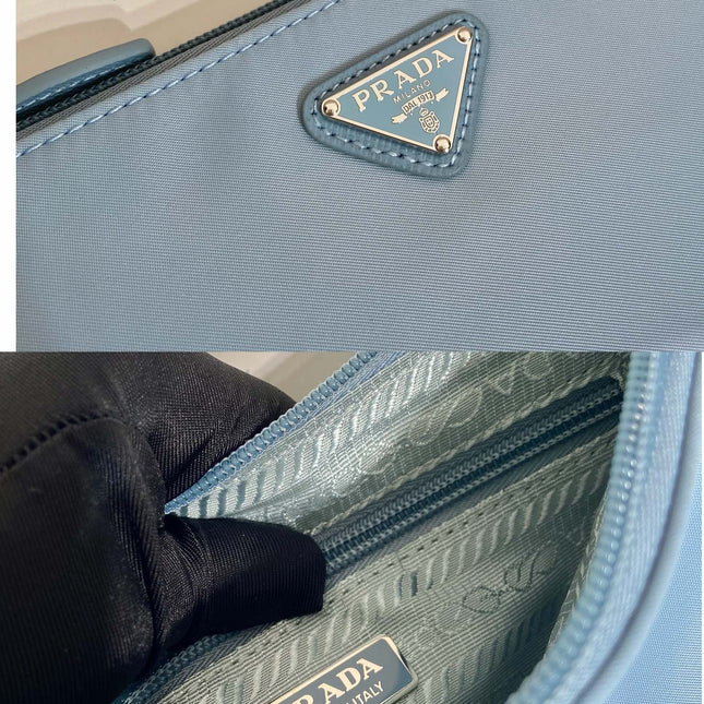 SHOULDER BAG 24 WITH TRIANGLE LOGO IN SKY BLUE RE-NYLON FABRIC