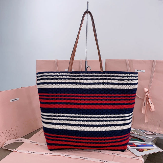 LARGE SHOPPING BAG 40 IN NATURAL MIX BLUE WOVEN RAFFIA LEATHER STRAP