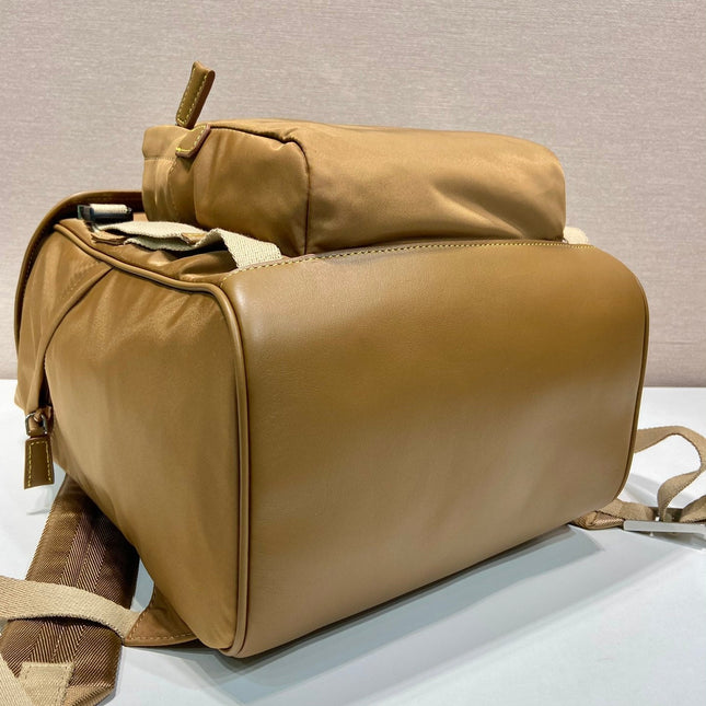 BACKPACK 45 IN CIDER BROWN RE-NYLON AND CALFSKIN TRIM