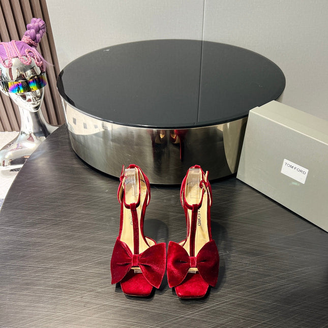 HIGH HEEL 10 SANDAL IN CRIMSON RED VELVET WITH BOW