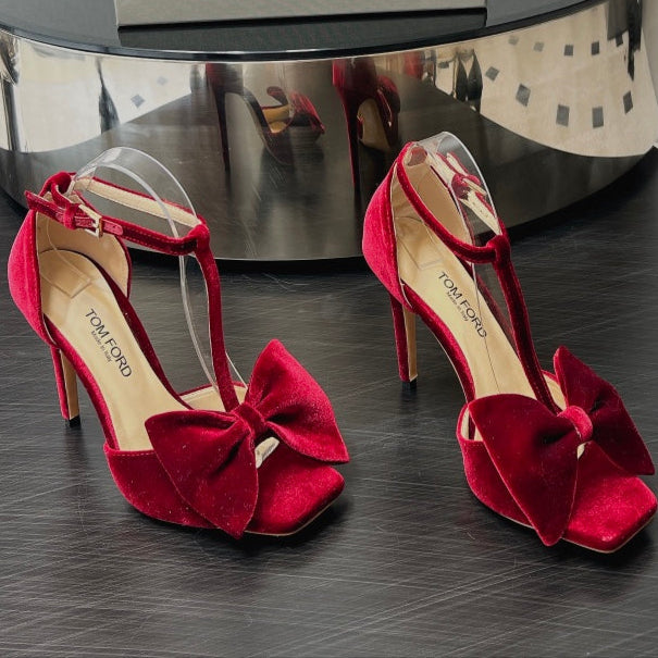 HIGH HEEL 10 SANDAL IN CRIMSON RED VELVET WITH BOW