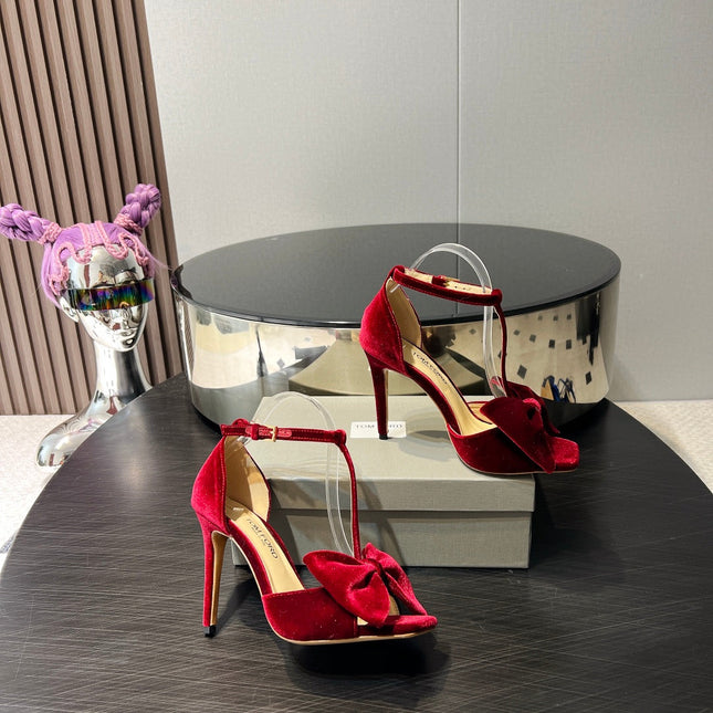 HIGH HEEL 10 SANDAL IN CRIMSON RED VELVET WITH BOW