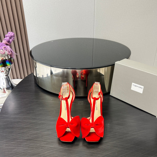 HIGH HEEL 10 SANDAL IN CHERRY RED VELVET WITH BOW