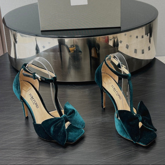 HIGH HEEL 10 SANDAL IN GREEN FOREST VELVET WITH BOW