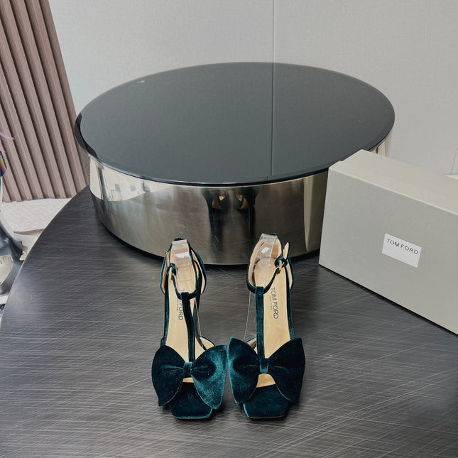 HIGH HEEL 10 SANDAL IN GREEN FOREST VELVET WITH BOW