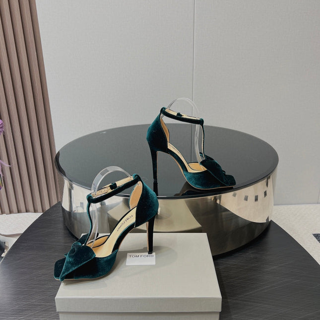 HIGH HEEL 10 SANDAL IN GREEN FOREST VELVET WITH BOW