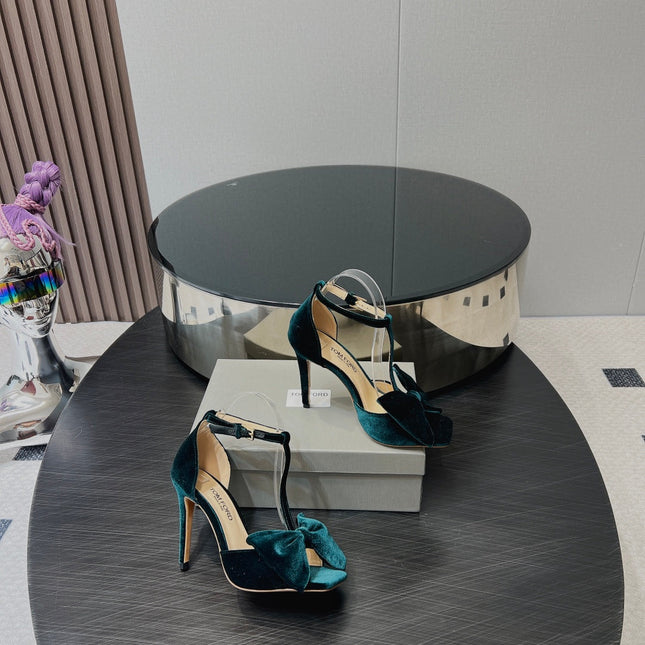 HIGH HEEL 10 SANDAL IN GREEN FOREST VELVET WITH BOW