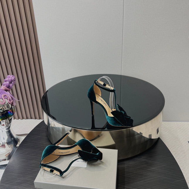 HIGH HEEL 10 SANDAL IN GREEN FOREST VELVET WITH BOW