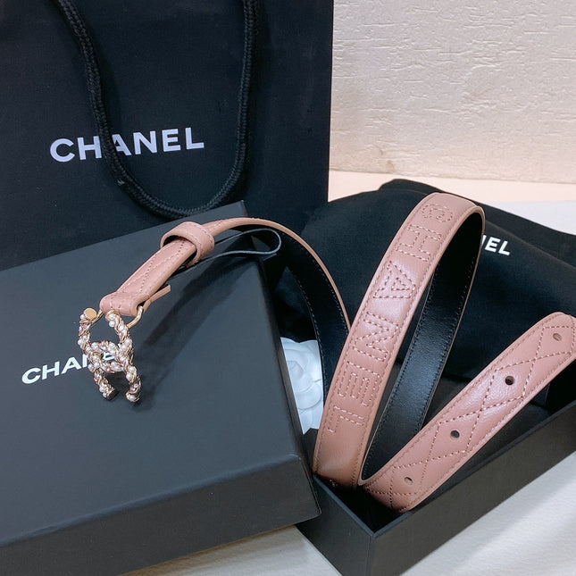 CC BELT 20MM IN PEACHY PINK EMBROIDERED CALFSKIN GOLD HARDWARE ATTACH PEARLS