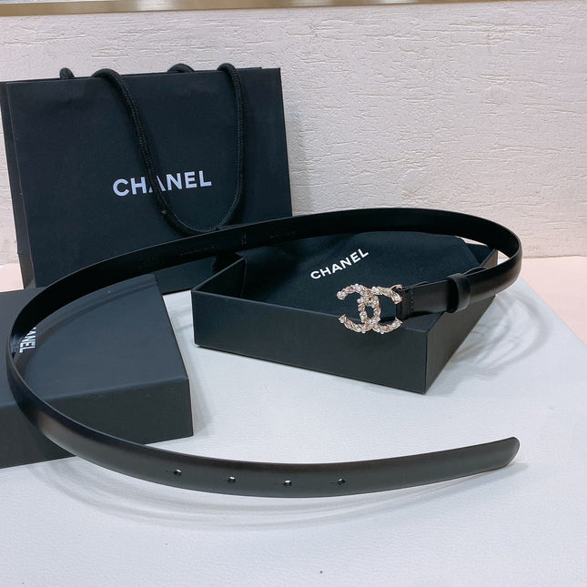 CC BELT 20MM IN BLACK CALFSKIN GOLD HARDWARE ATTACH PEARLS