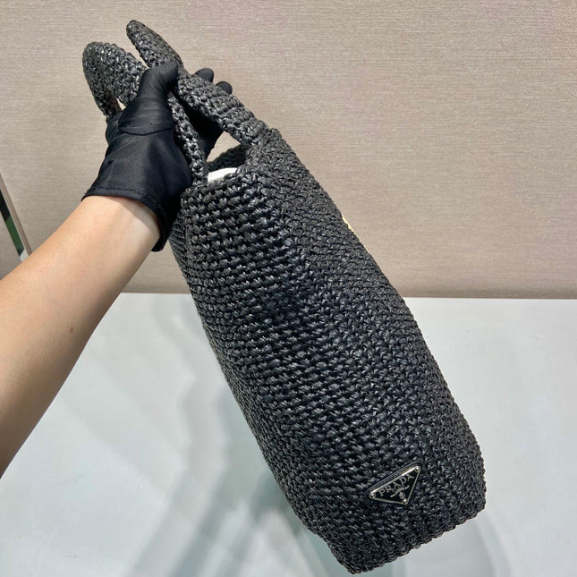 LARGE CROCHET TOTE BAG 47 IN BLACK MIX YELLOW RAFFIA