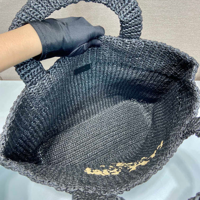 LARGE CROCHET TOTE BAG 47 IN BLACK MIX YELLOW RAFFIA