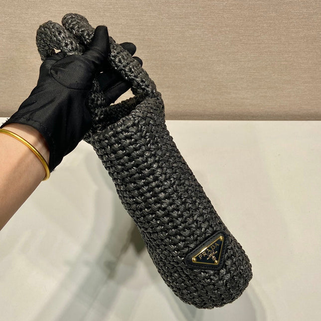 SMALL CROCHET TOTE BAG 24 IN BLACK MIX YELLOW RAFFIA