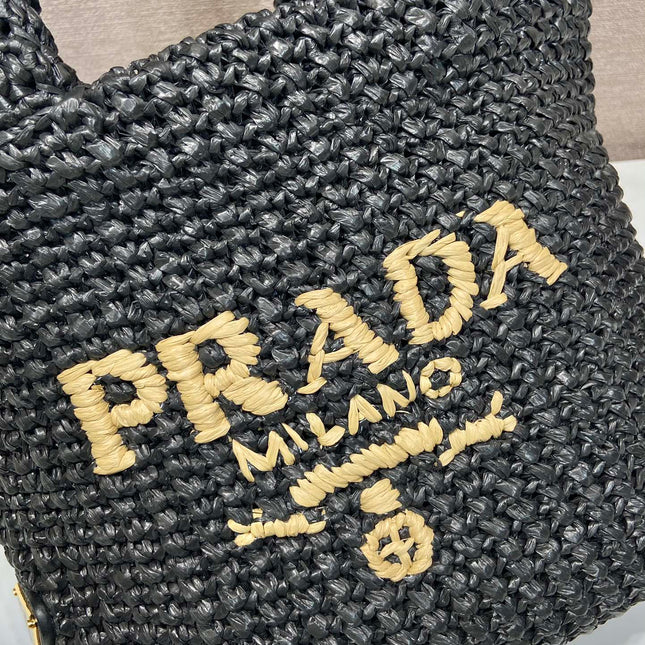 SMALL CROCHET TOTE BAG 24 IN BLACK MIX YELLOW RAFFIA