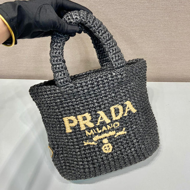 SMALL CROCHET TOTE BAG 24 IN BLACK MIX YELLOW RAFFIA