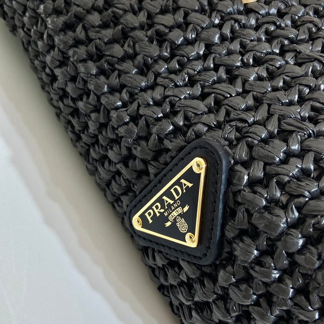 SMALL CROCHET TOTE BAG 24 IN BLACK MIX YELLOW RAFFIA