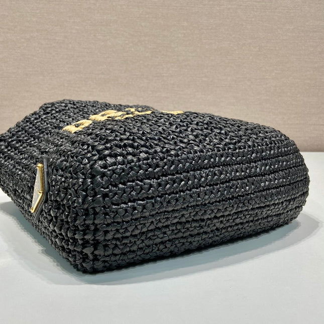 SMALL CROCHET TOTE BAG 24 IN BLACK MIX YELLOW RAFFIA