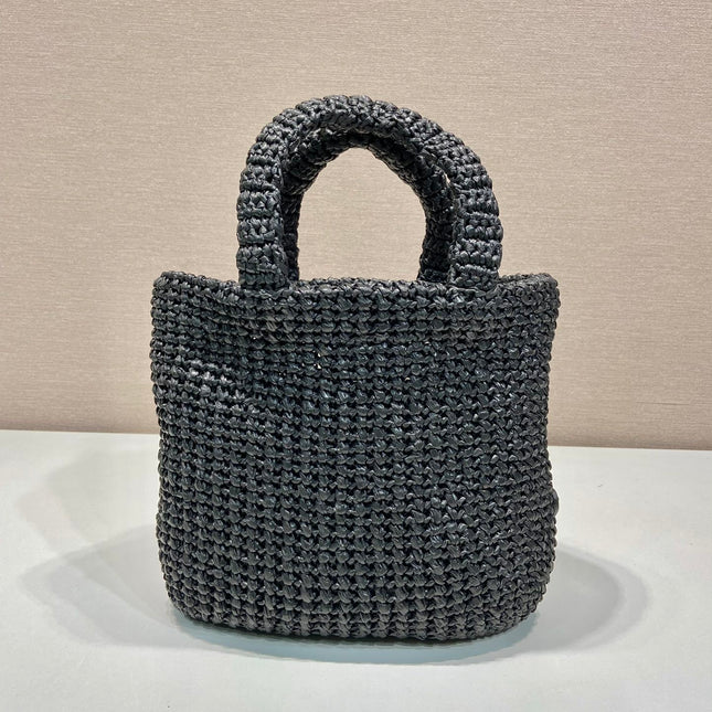 SMALL CROCHET TOTE BAG 24 IN BLACK MIX YELLOW RAFFIA