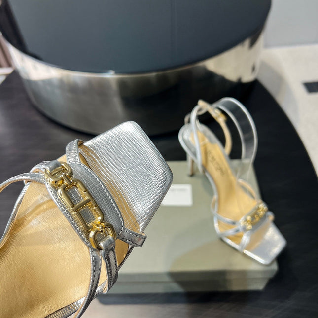 PADLOCK HIGH HEELS 10 CM IN SILVER LAMBSKIN