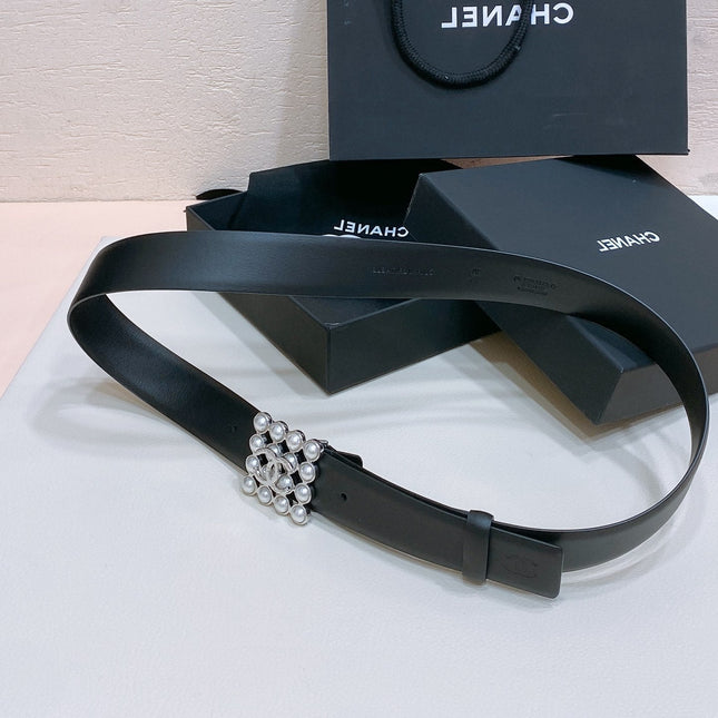 CC BELT 30 MM IN BLACK CALFSKIN SILVER HARDWARE ATTACH PEARLS