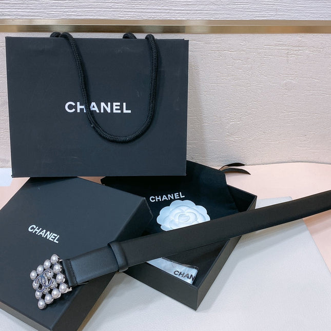 CC BELT 30 MM IN BLACK CALFSKIN SILVER HARDWARE ATTACH PEARLS