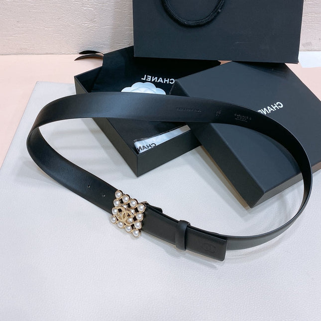 CC BELT 30 MM IN BLACK CALFSKIN GOLD HARDWARE ATTACH PEARLS
