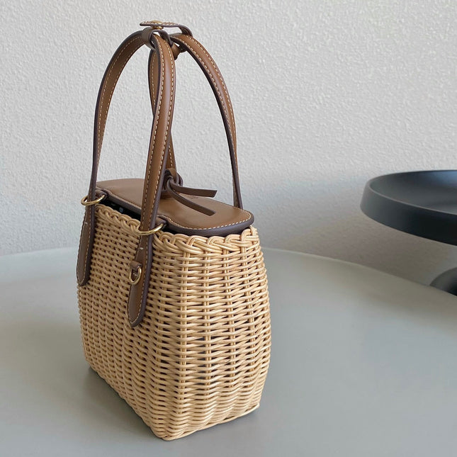 BASKET 20 BAG IN BROWN BEIGE WICKER AND LEATHER