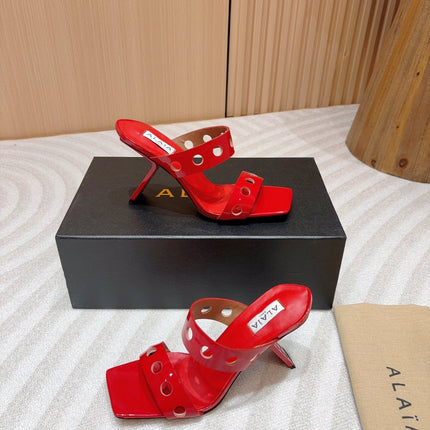 ALAIA TWO-STRAPS HIGH HEEL SANDALS IN CHERRY RED PATENT LAMBSKIN