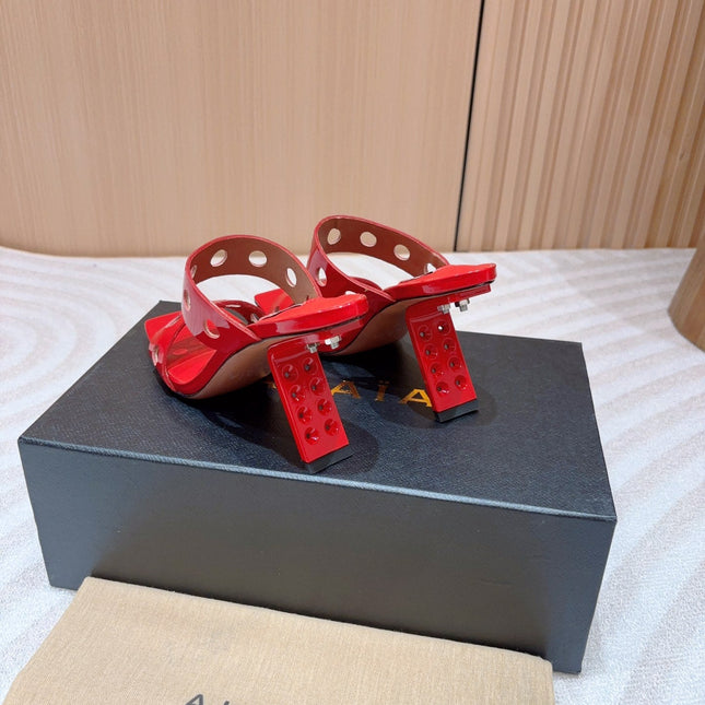 ALAIA TWO-STRAPS HIGH HEEL SANDALS IN CHERRY RED PATENT LAMBSKIN