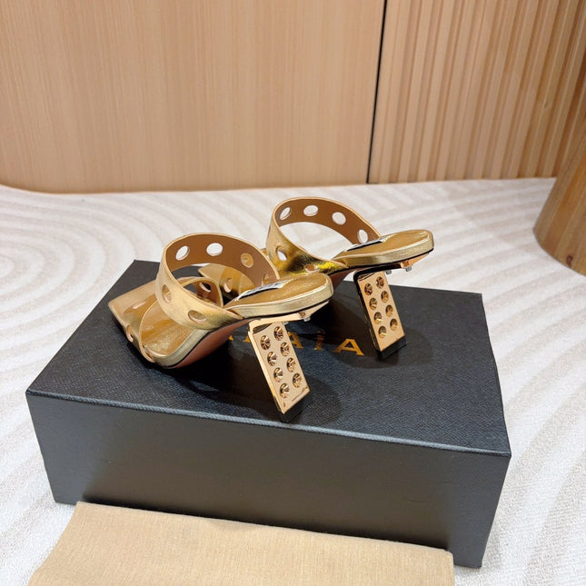 ALAIA TWO-STRAPS HIGH HEEL SANDALS IN GOLDEN PATENT LAMBSKIN