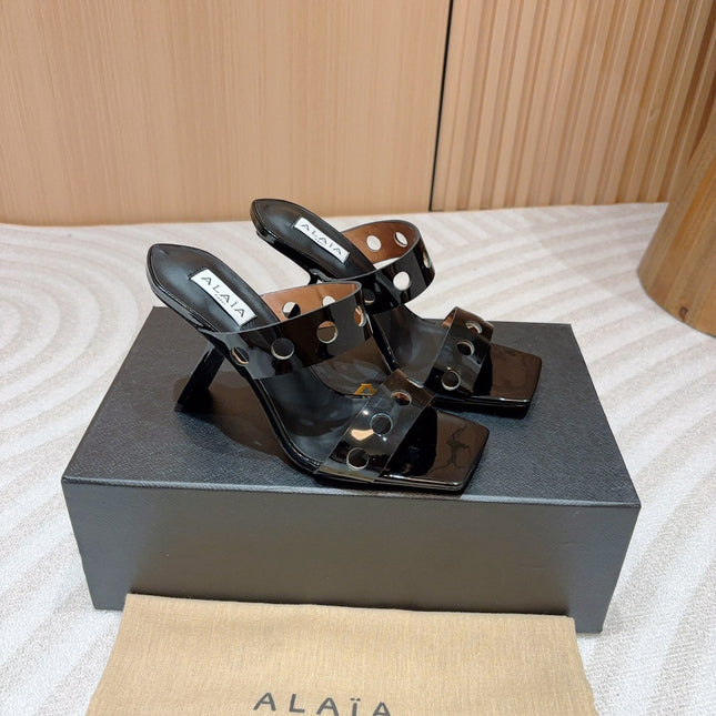 ALAIA TWO-STRAPS HIGH HEEL SANDALS IN BLACK PATENT LAMBSKIN