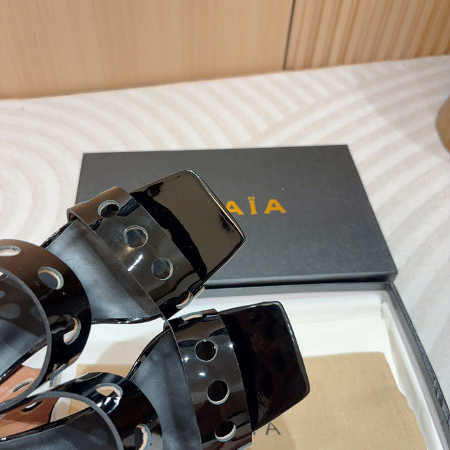 ALAIA TWO-STRAPS HIGH HEEL SANDALS IN BLACK PATENT LAMBSKIN