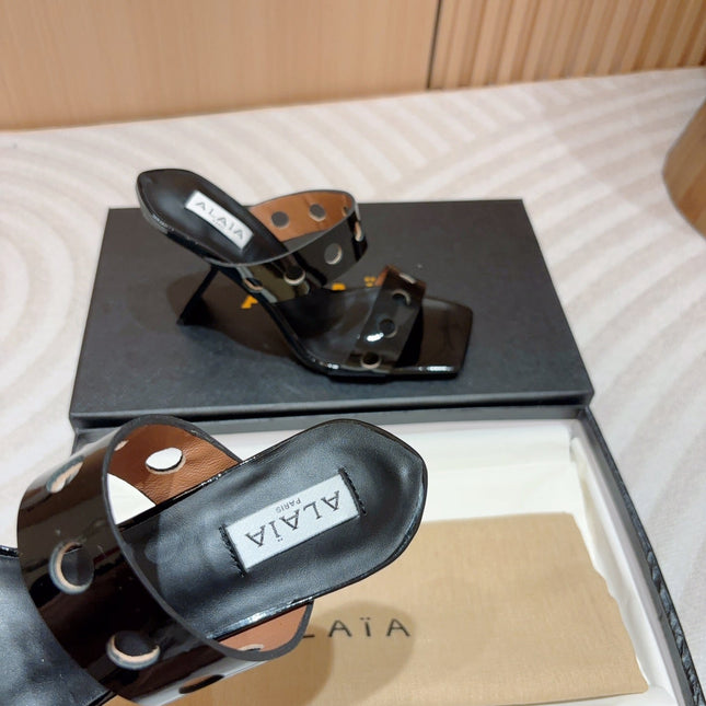 ALAIA TWO-STRAPS HIGH HEEL SANDALS IN BLACK PATENT LAMBSKIN