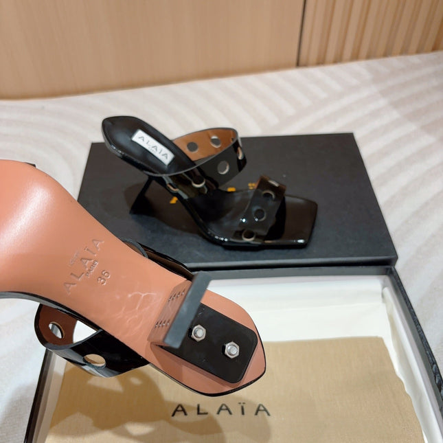 ALAIA TWO-STRAPS HIGH HEEL SANDALS IN BLACK PATENT LAMBSKIN