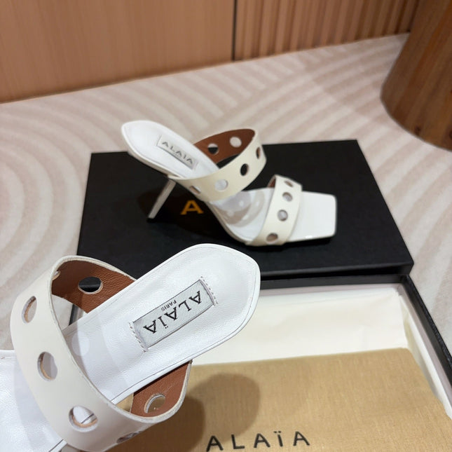 ALAIA TWO-STRAPS HIGH HEEL SANDALS IN WHITE PATENT LAMBSKIN