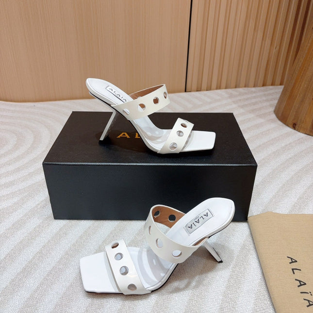ALAIA TWO-STRAPS HIGH HEEL SANDALS IN WHITE PATENT LAMBSKIN