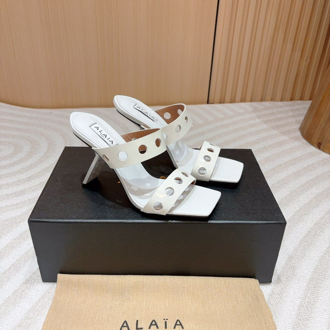 ALAIA TWO-STRAPS HIGH HEEL SANDALS IN WHITE PATENT LAMBSKIN
