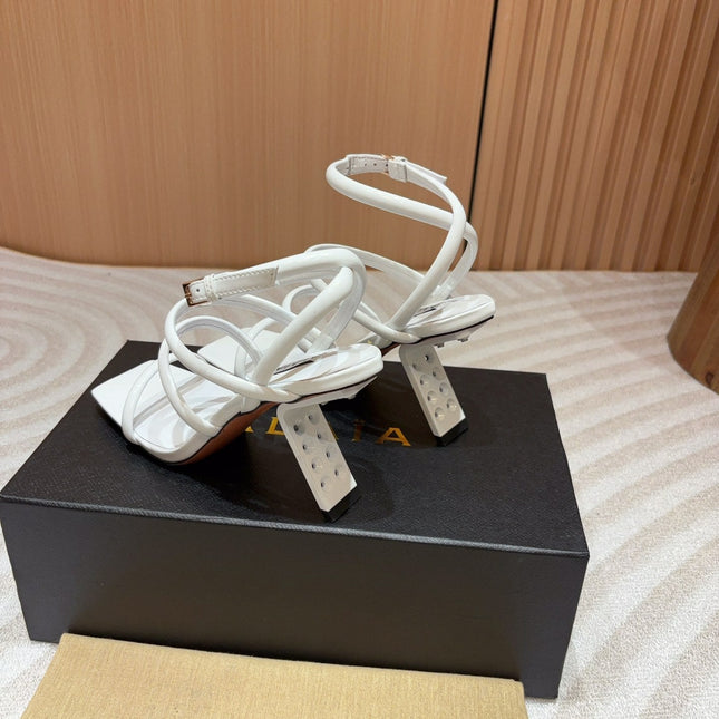 ALAIA THREE-STRAPS HIGH HEEL SANDALS IN WHITE PATENT LAMBSKIN