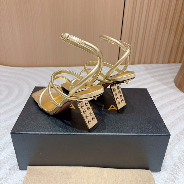 ALAIA THREE-STRAPS HIGH HEEL SANDALS IN GOLDEN PATENT LAMBSKIN