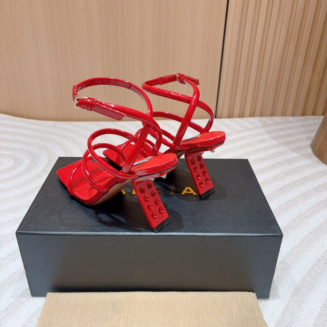 ALAIA THREE-STRAPS HIGH HEEL SANDALS IN CHERRY RED PATENT LAMBSKIN