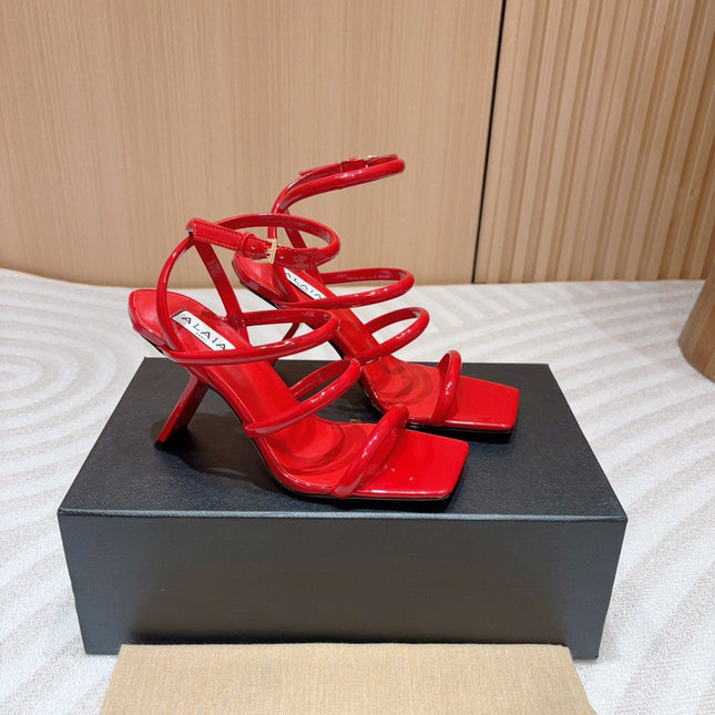 ALAIA THREE-STRAPS HIGH HEEL SANDALS IN CHERRY RED PATENT LAMBSKIN