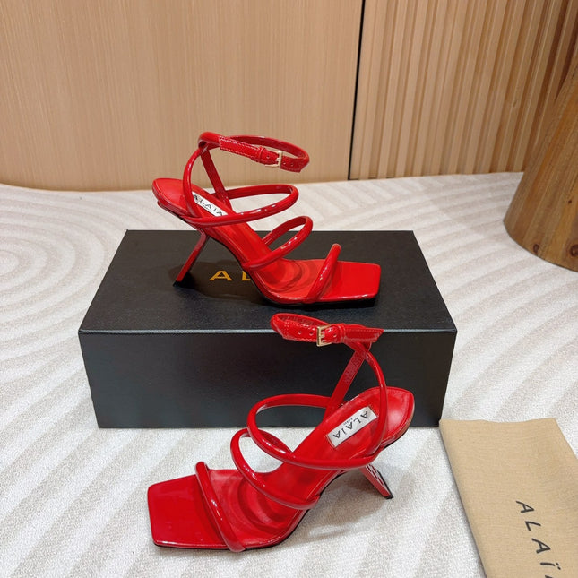 ALAIA THREE-STRAPS HIGH HEEL SANDALS IN CHERRY RED PATENT LAMBSKIN